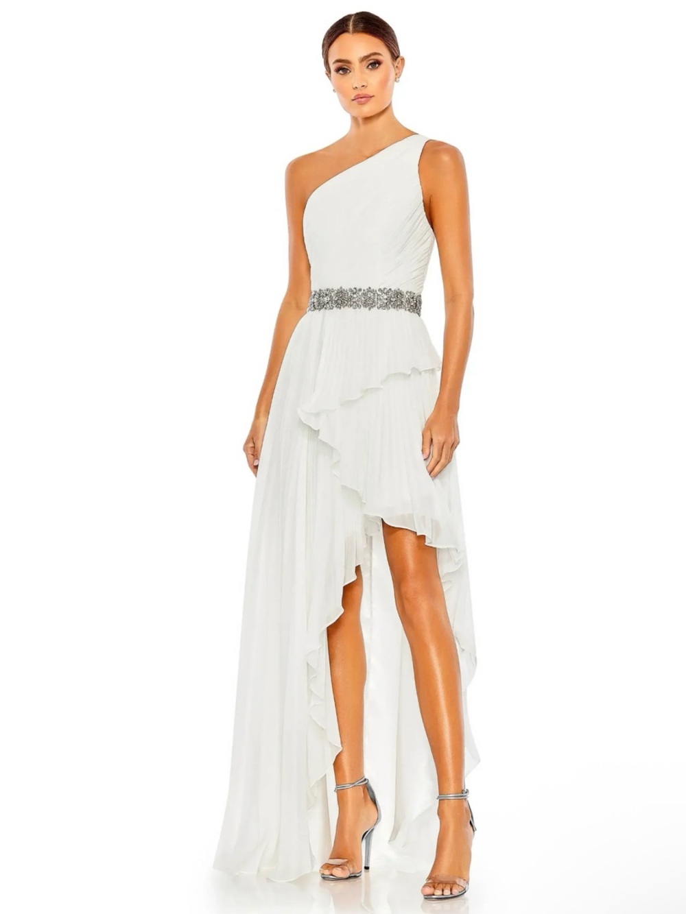 Mac Duggal One-Shoulder White Asymmetrical Ruffle Dress with Jeweled Waist